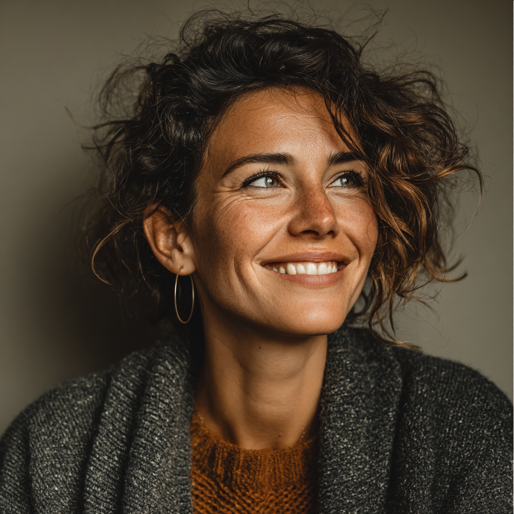 Confident woman in her early 40s with a warm smile, representing successful nutrition planning client testimonial