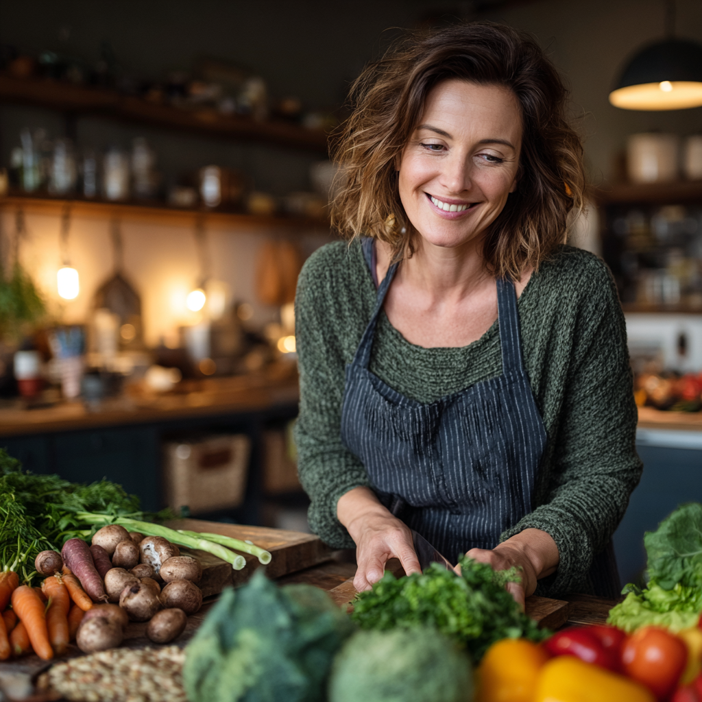 Smiling woman in her 40s preparing healthy vegetables and grains in a bright modern kitchen, representing balanced nutrition planning